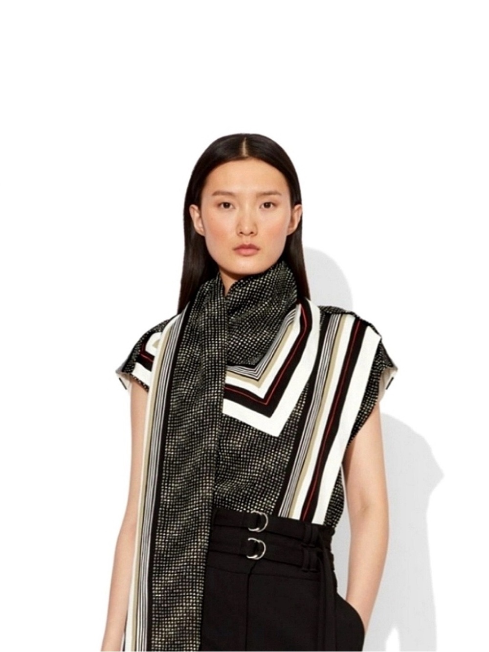 Proenza Schouler Black, Cream & Burgundy Striped Silk Scarf